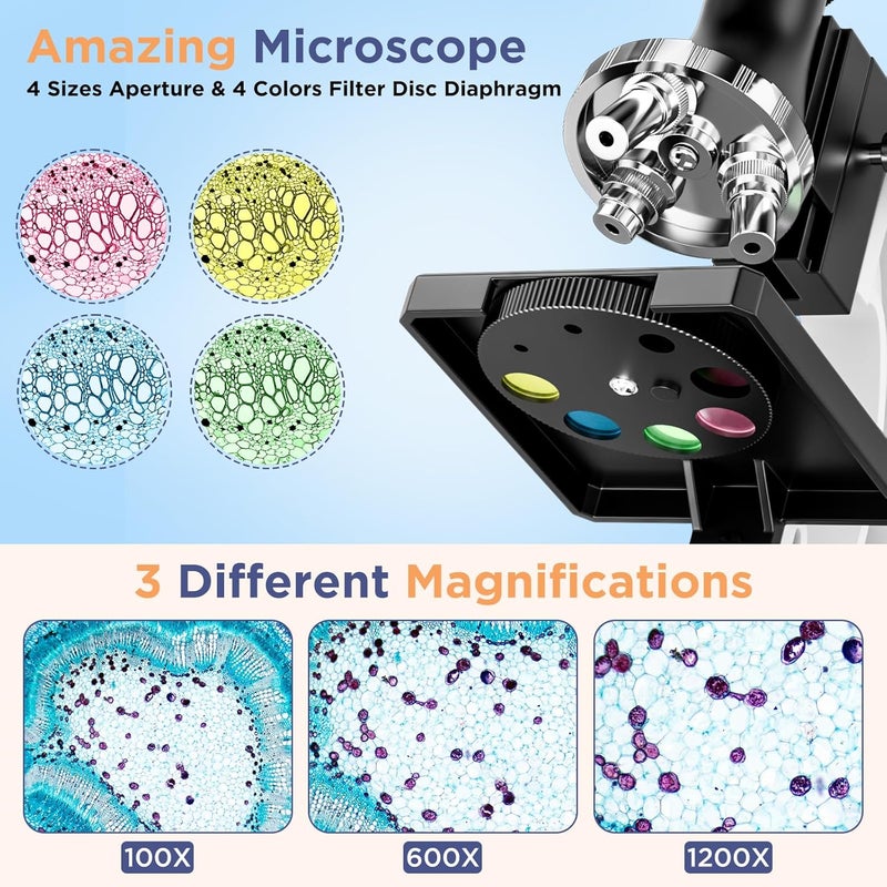 MAXLAPTER 100X-1200X Kids Microscope Kit for Children: Compound Microscope for Kid STEM Biology Discovery - Science Experiments Microscopio Set with Metal Frame, Carrying Box Educational Gift for Child 8-12 - Image 4